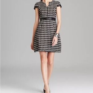 Shoshanna Women's Leather Trimmed Lambs Wool Houndstooth Jacquard Dress Reade 6